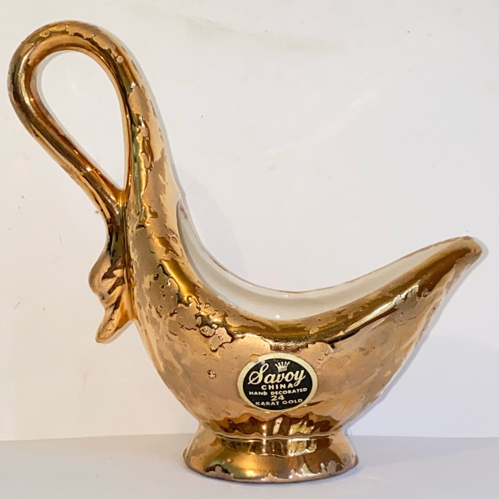 Vintage 24K Weeping Gold Swan Handle Gravy Sauce Boat by Savoy China